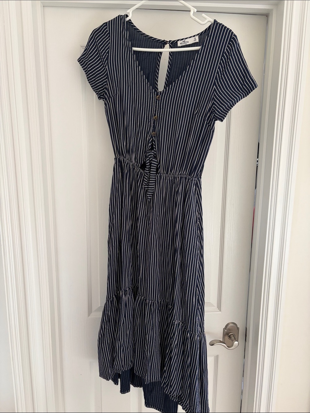 Hollister Navy and White Striped High-Low Midi Dress